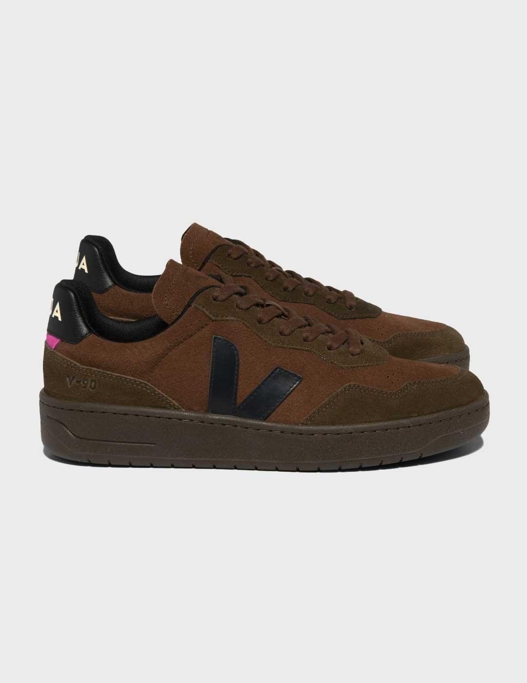 Veja V-90 Suede zapatilla marrón logo negro para hombre