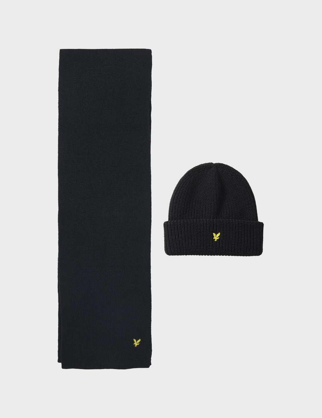 Lyle & Scott Set gorro y bufanda negra para hombre y mujer