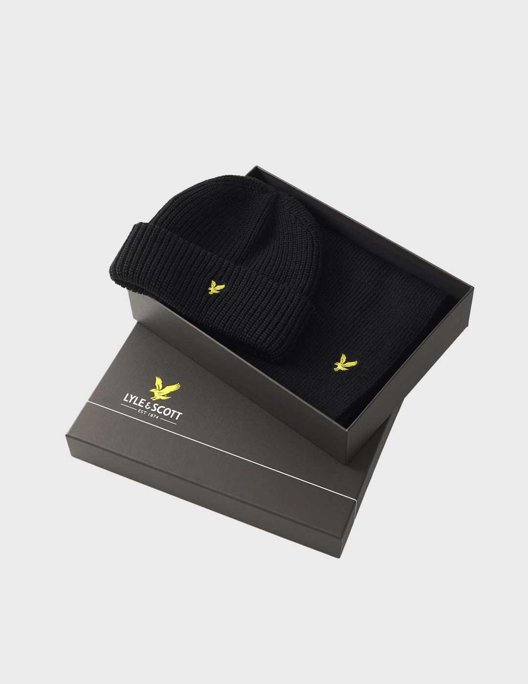 Lyle & Scott Set gorro y bufanda negra para hombre y mujer