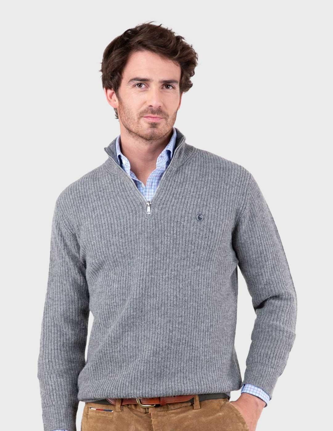 El ganso jersey gris cuello con cremallera para hombre