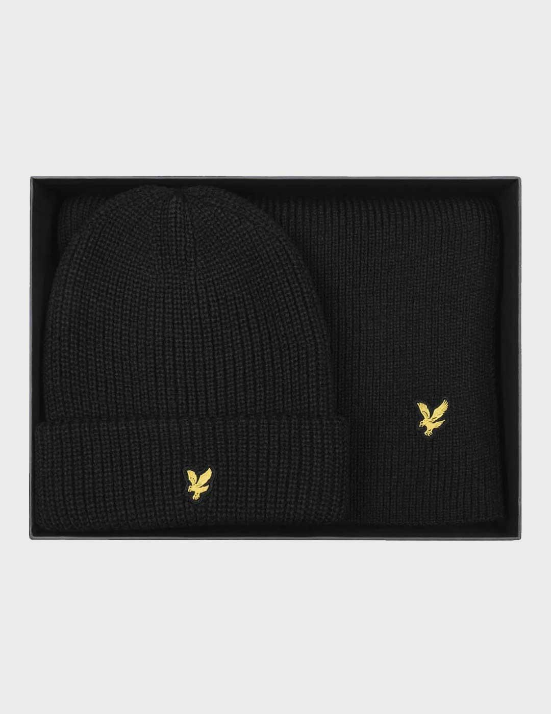 Lyle & Scott Set gorro y bufanda negra para hombre y mujer