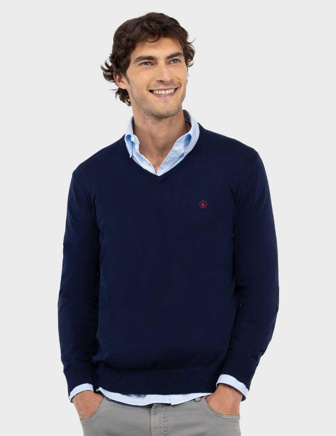 El Ganso jersey azul marino cuello camionero para hombre