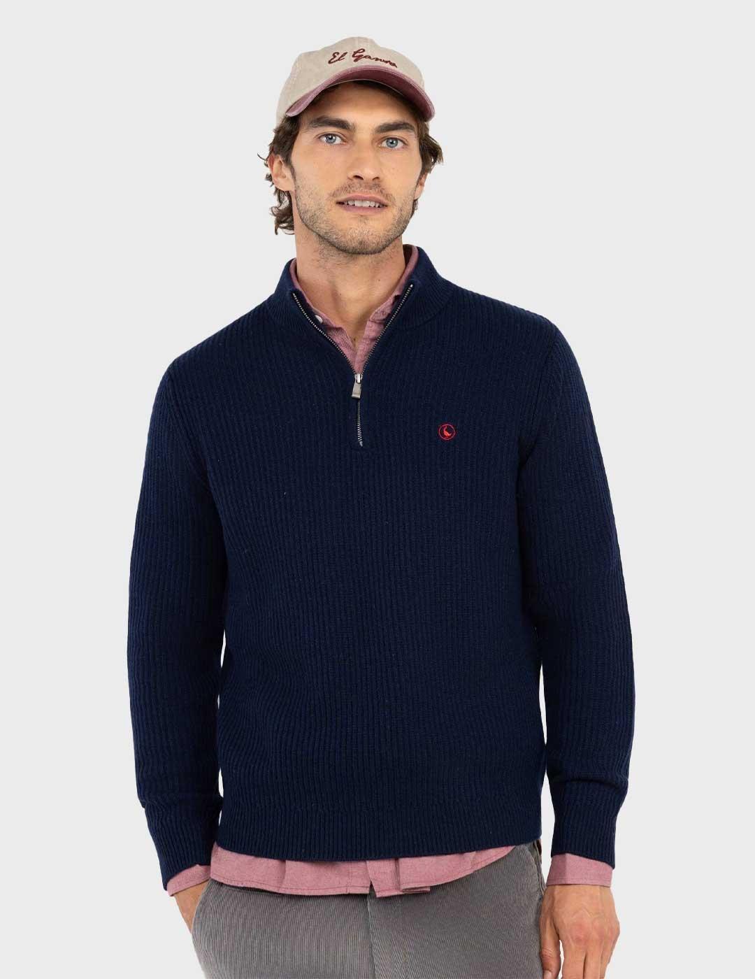 El Ganso jersey azul marino cuello camionero para hombre