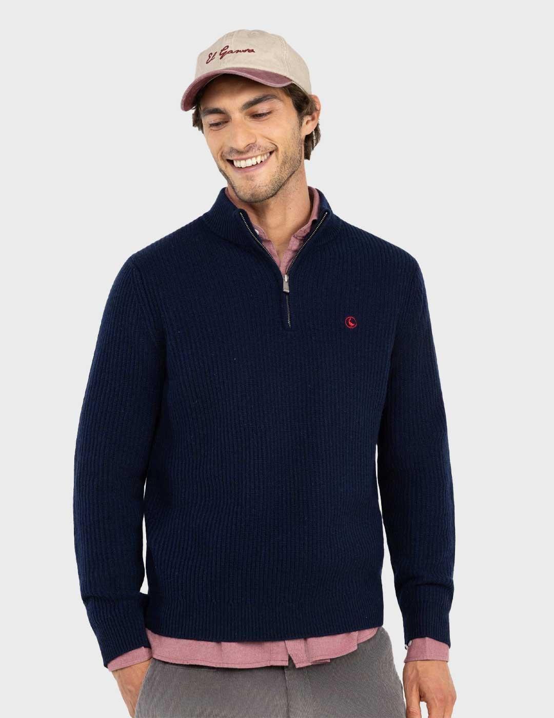 El Ganso jersey azul marino cuello camionero para hombre