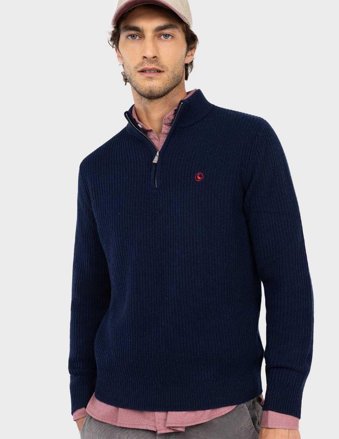 El Ganso jersey azul marino cuello camionero para hombre